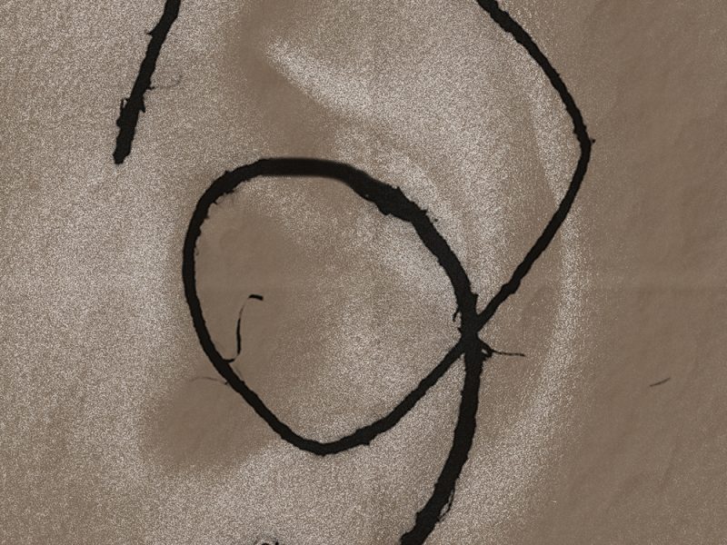 A close up of an ear printed in subdued sepia tone. A ring piercing is on the ear lobe and a thick black line is drawn along the helix, circles around the canal and passes through the ring. Two fold marks create a cross-shape.