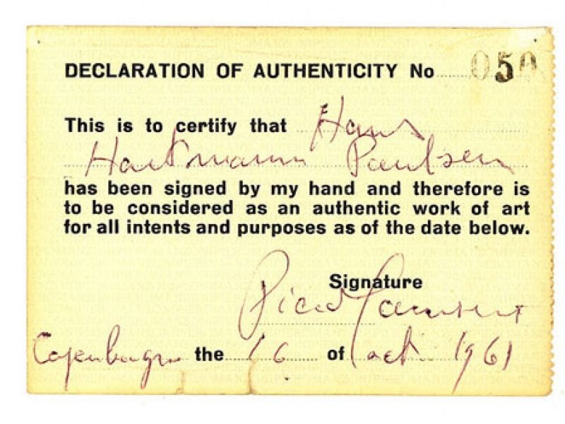Piero Manzoni, Declaration of Authenticity No. 50 (Carte d’authenticité No. 50), 1961, Courtesy Joanne and Jon Hendricks, New York