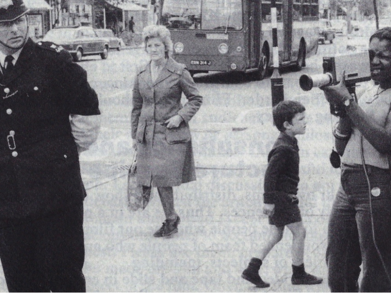 From a Liberation Films project, photo documents community campaign for a pedestrian crossing in Balham, London (circa 1973), subsequently included in the film Starting to Happen (1974). Courtesy of the London Community Video Archive (Goldsmiths University London).