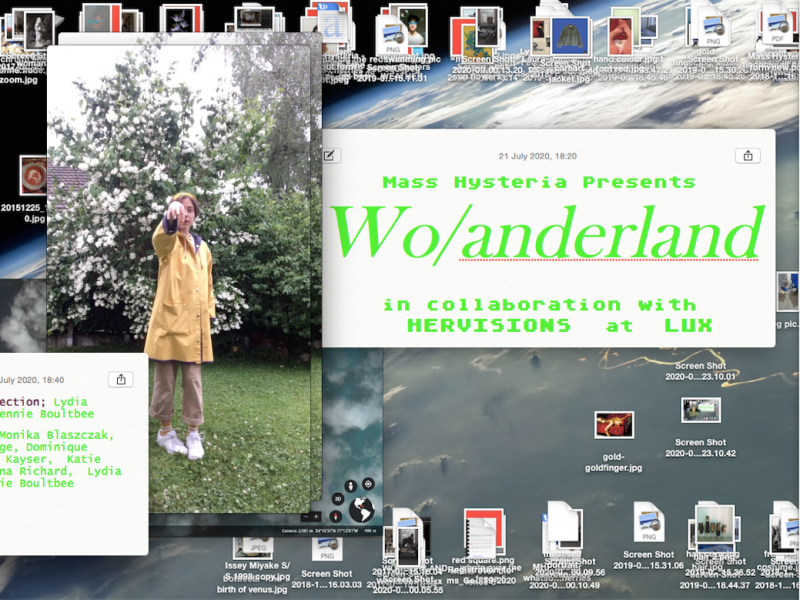 A messy icons covering the edge of a desktop with a satellite photo of cloudy earth as a background. On a notepad writes MASSHYSTERIA PRESENTS WO/ANDERLAND next to a photo of a white woman in yellow raincoat in a park. On the right is a vertical gradient color bar.