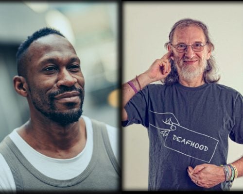 A portrait of a black man with a glimpse of a smile is on the left. On the right is a portrait of a while man wearing a t-shirts that says “DEAFHOOD” His right hand points near his ear.
