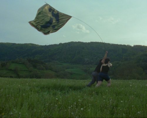 Two people stand in a grassy field surrounded by rolling green hills, jointly holding a long pole with a large, printed flag billowing in the wind above them. The colours are mute and the image is soft as shot on 16mm film.