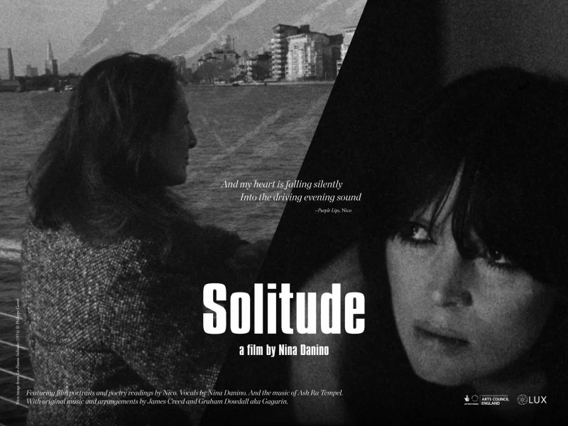 black and white poster for the film Solitude, a image of two women, divided by a diagonal line, Nico looking up and the filmmaker looking out to sea
