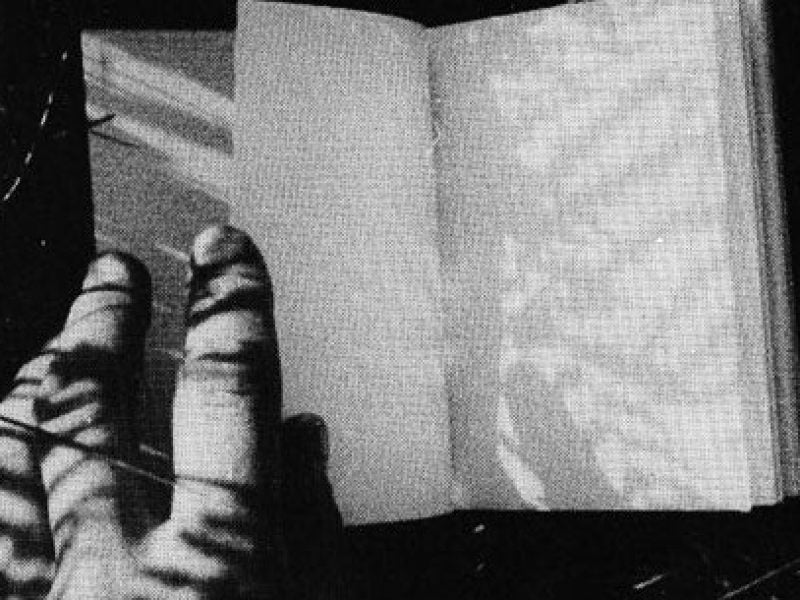 a film still from Guy Sherwin's 'Messages'. A black and white image of a hand holding open a book with blank pages, with the shadows of branches falling across it
