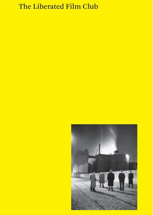 a yellow book cover with a small black and white image in which five people stands in a row on an empty street