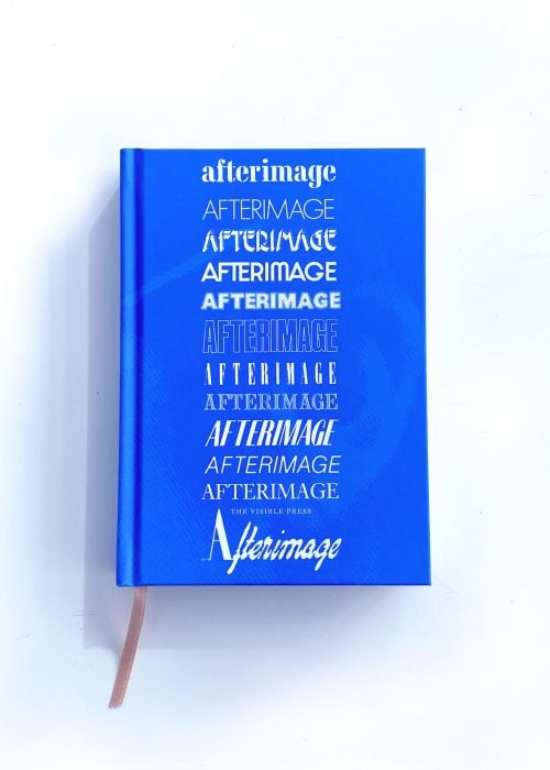a blue hard cover book with the title Afterimage written in multiple fonts