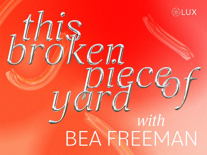 A title “this broken piece of yard” in a liquid metal graphics. The background is a gradient of red and orange with three rough brush strokes. On the bottom it says “with Bea Freeman” in a simple san serif font.